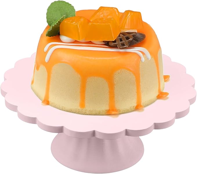 Vesici Pink Wooden Cake Stand Scalloped Reusable Round Cake Stand Dessert Holder for Cupcake Donut Dessert Wedding Baby Shower Party Supply (7.75" L x 7.75" W x 3" H)