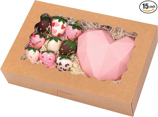 Moretoes 15pcs Bakery Boxes, 12x8x2.5 Inches Auto-Popup Cookie Boxes with Windows for Chocolate Covered Strawberries, Donuts, Pastries (Brown)