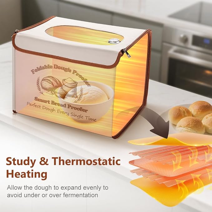 Foldable Dough Proofer Box with 70-130℉ Temp Control & 12H Timer, Proofing Box for Sourdough, Bread Baking, Pizza, Yogurt, Kombucha, Space-Saving & 5-Layer Fabric