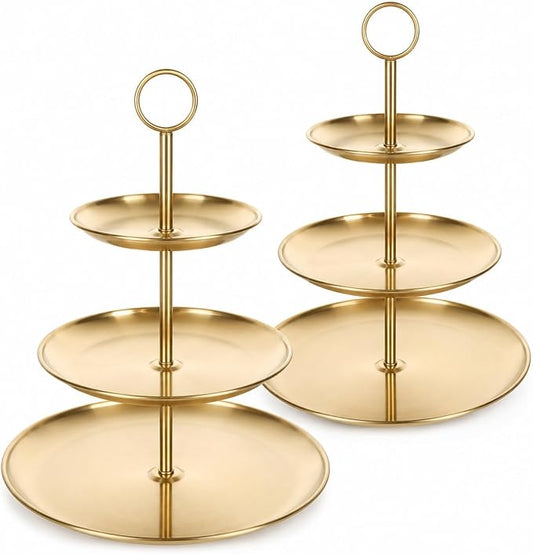 YOUNTHYE 2PCS Gold Cupcake Stand, 3 Tiered Stainless Steel Dessert Stand, Gold Cake Stand Display Trays for Wedding, Birthday, Tea Party, Holiday Dessert Table Decorations