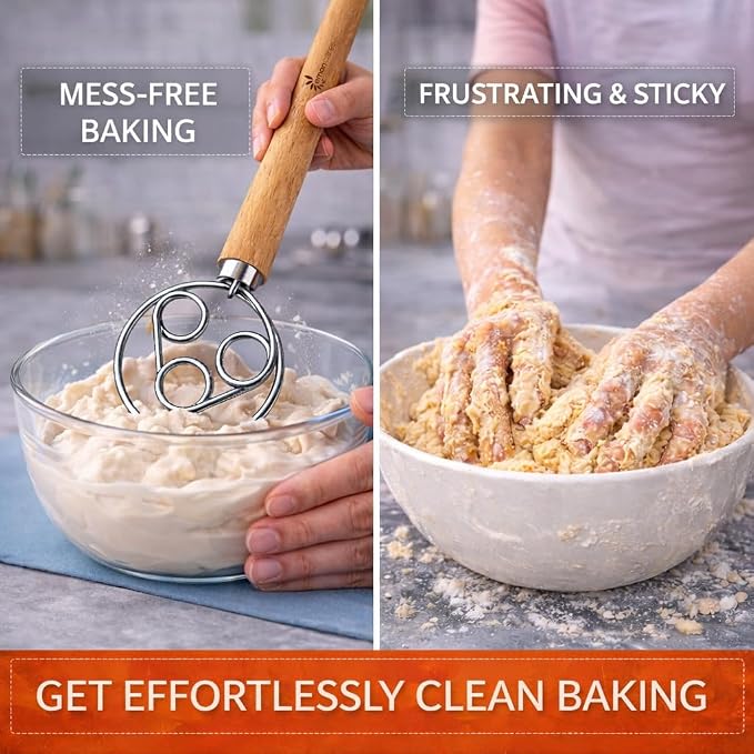 Danish Dough Whisk for Sourdough – Thick Stainless Steel Dutch Whisk with Ergonomic Oak Handle – Heavy-Duty Dough Mixer for Bread & Baking