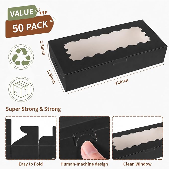 50 pcs Black Cookie Box,12x5.5x2.5 Inch Bakery Boxes with Window Pies Chocolate Strawberries Muffins Biscuit Pastry Dessert Box For Packaging