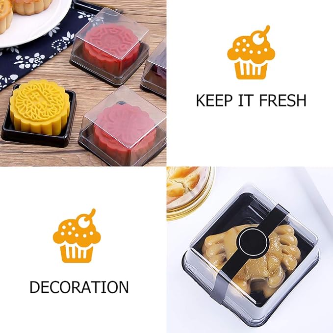 100 Pcs Mini Cake Containers with Lids, 2.75" Square Mooncake Box for 50g Pastry, Clear Plastic Individual Cupcake Holder for Muffin, Egg-Yolk Puff, Dessert Display (Black)