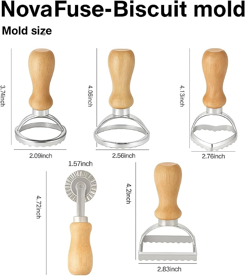 Christmas Cookie Cutter Roller Set of 5 – Biscuit Molds with Oak Wooden Handles, Includes Round/Heart/Square Rolling Pastry Cutter for Baking Holiday Cookies & Biscuits