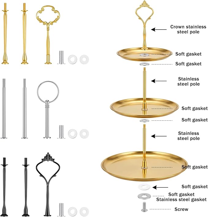 15 Set 3 Tier Cake Stand Hardware Tiered Tray Plates Hardware Kit, Heavy Metal Cake Fruit Food Plate for Wedding Party Fruit Plate Handle Dessert Cupcake Trays Serving Stand(Gold Silver Black)