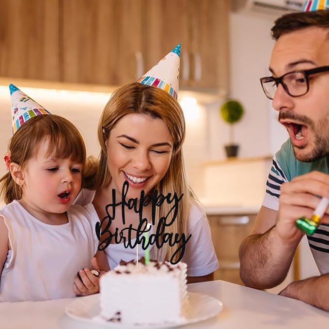 Glitter Happy Birthday Cake Topper - Suitable For Party Decoration, Anniversary/Birthday (Black)