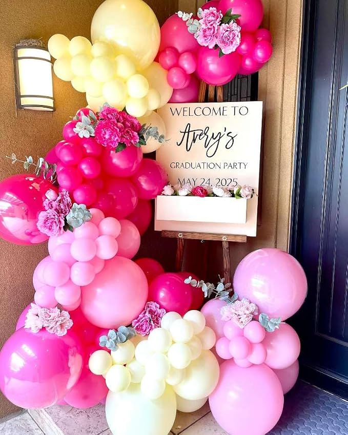 Pink and Yellow Balloons Garland Arch Kit 150Pcs - 5 10 12 18 inch Different Size Hot Pink Yellow Pastel Pink Balloons for Birthday Baby Shower Wedding Bee Bear Themed Party Decorations