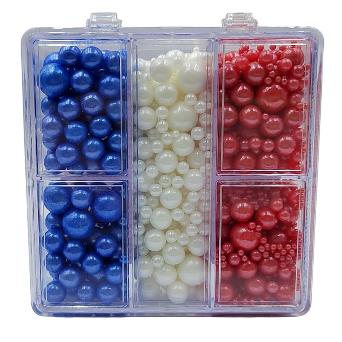 Red White and Blue Pearl Sprinkles for Baking, Patriotic Mix, Edible 4th of July Pearls for Cupcake Topper, Ice Cream, Cookie, Donuts, Cake Decorating (2mm, 4mm, 7mm, 10mm)