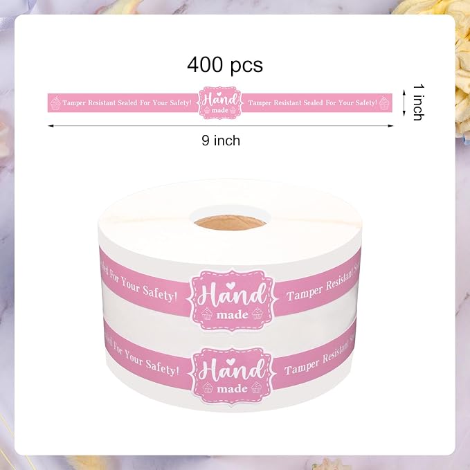 400 PCS Food Retail Package Seal Stickers 9 x 1 Inch Hand Made Sticker Self-Adhesive Roll up Tamper Evident Lids Stickers Tamper Resistant Labels for Handmade Crafted Baking Pink