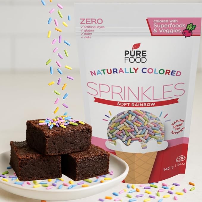 Pure Food By Estee Natural Soft Rainbow Color Sprinkles, 5oz | Vegan | Dye Free Rainbow Jimmies for Baking | Natural Colors | Soy Free, Gluten Free, Dairy Free, Nut Free