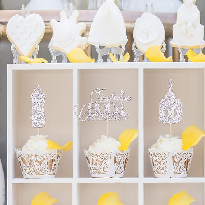 24 piece Silver glitters First Holy Communion Cupcake Toppers Glitter Dove Cross God Bless Cupcake Picks Christian Baby Baptism Theme Cake Decorations for Baby Shower Birthday Party