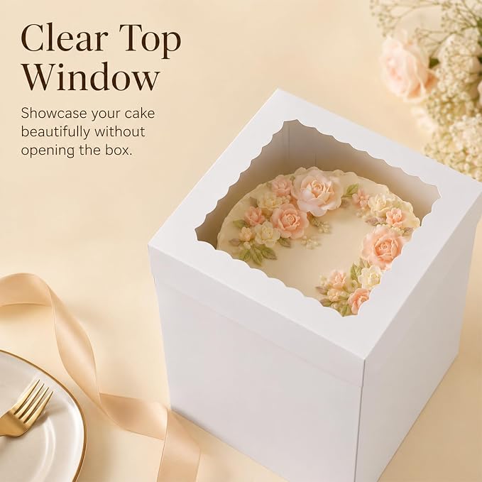 JCD Heavy-Duty 8x8x10inch Corrugated Cake Boxes Fits 6in Double Layer Cakes | White thick shockproof corrugated boxes anti-collapse; 10in extra height fits birthday cake toppers,bakery cake packaging