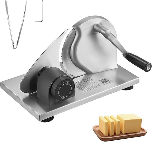 VEVOR Manual Bread Slicer, 0-0.6" Adjustable Thickness Cheese Cutter, Hand Cranked Slicer for Homemade Bread - with Serrated Stainless Steel Blade for Kitchen, Restaurant, Bakery, Party