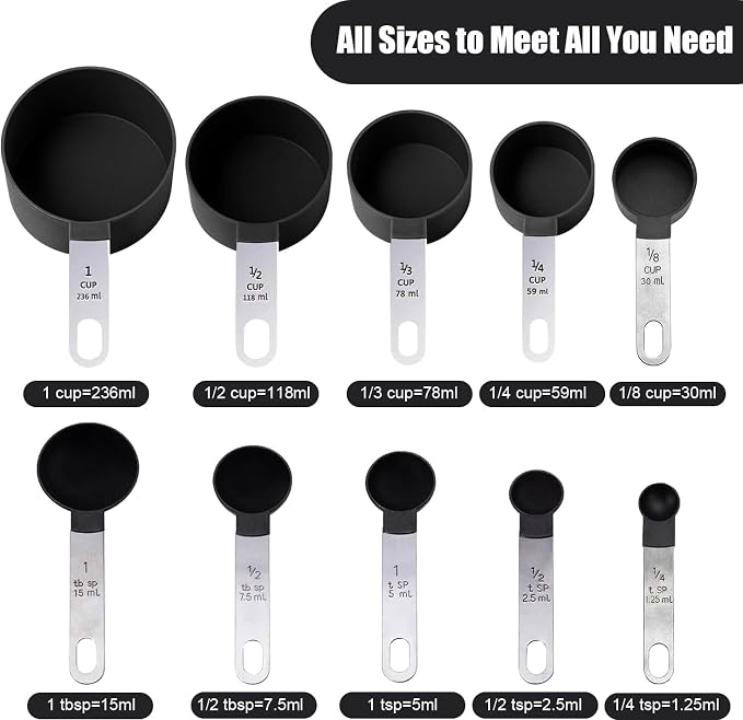 Measuring Cups and Spoons Set, 10-Piece, black | Stackable Nesting Design, Stainless Steel Handles, For Cooking, Baking & Meal Prep