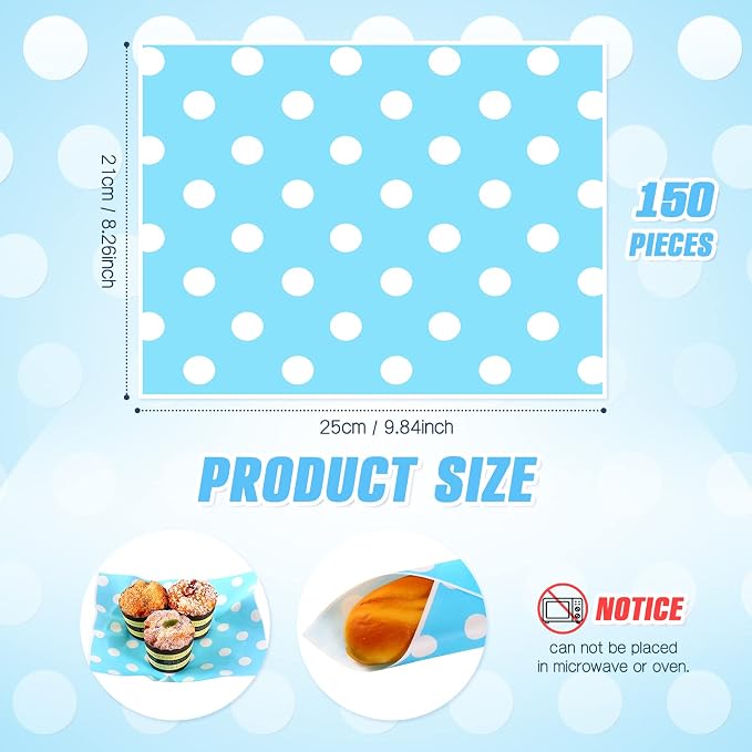 Gersoniel 150pcs Wax Paper Sheet for Food Dot Printed Bakery Tissue Greaseproof Disposable Wrapping Paper for Sandwich Food Picnic Baskets Liner Wedding Birthday Party Supplies(Blue,9.84x8.27'')