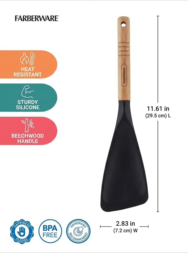 Farberware Pro Spoonula with Beechwood Handle, Black Silicone Scraper Spoon for Mixing, Scraping, and Serving - Kitchen Utensil with Hang Hole for Easy Storage