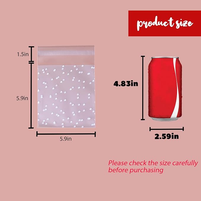 200Pcs White Polka Dot Cookie Bags, Self Sealing Cellophane Bags for Homemade Cookies, Clear Treat Bags with Self Adhesive Seal for Baking, Party Favors and Gift Giving (5.9x5.9 Inches)