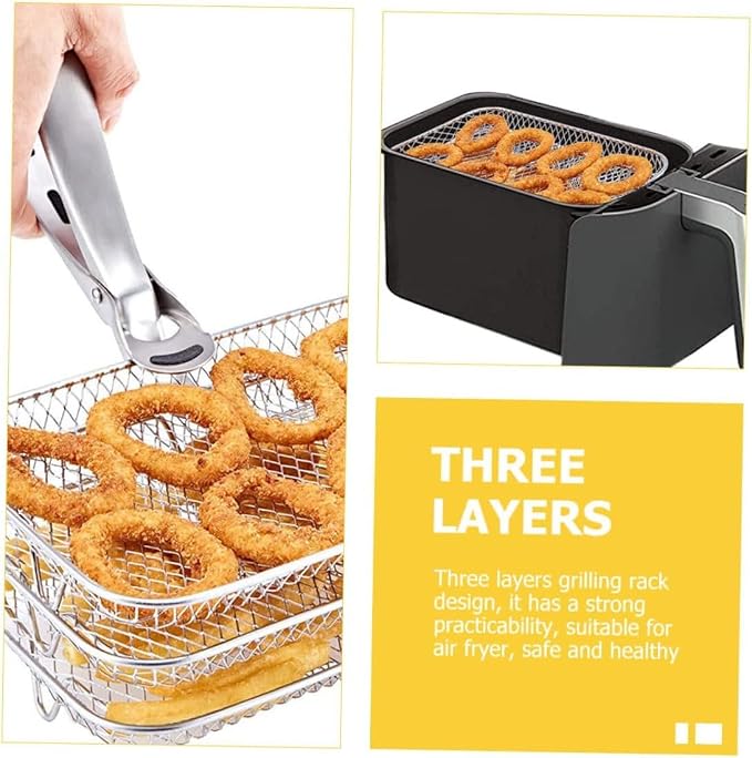 3 layer Square Air Fryer Rack, Stainless Steel Dehydrator, Air Stainless Steel Dehydrator Grill Enhanced Airflow Design Air Fryer Rack for Chicken Wings Vegetables Dual Cakes (Rectangle Set)
