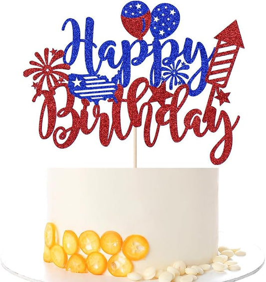 Kaoenla American Happy birthday on independence day Cake Topper | Blue Red Glitter Independence Day Cake Toppers 4th of July Flag Day Photo Props & USA Patriotic Happy Birthday Party Supplies
