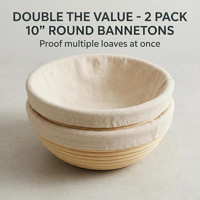 Saint Germain Bakery Premium Banneton Bread Proofing Basket Set - 2 Pack 10 Inch Round Brotform with Liners, Sourdough Bread Baking Basket