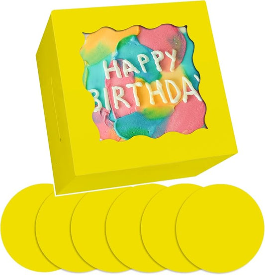 Bakepacker 36pcs 6x6x5 Inches Cake Boxes with Window 18-Packs Yellow 6 Inch Bakery Boxes (18 Cake Boxes +18 Cake Boards Included)