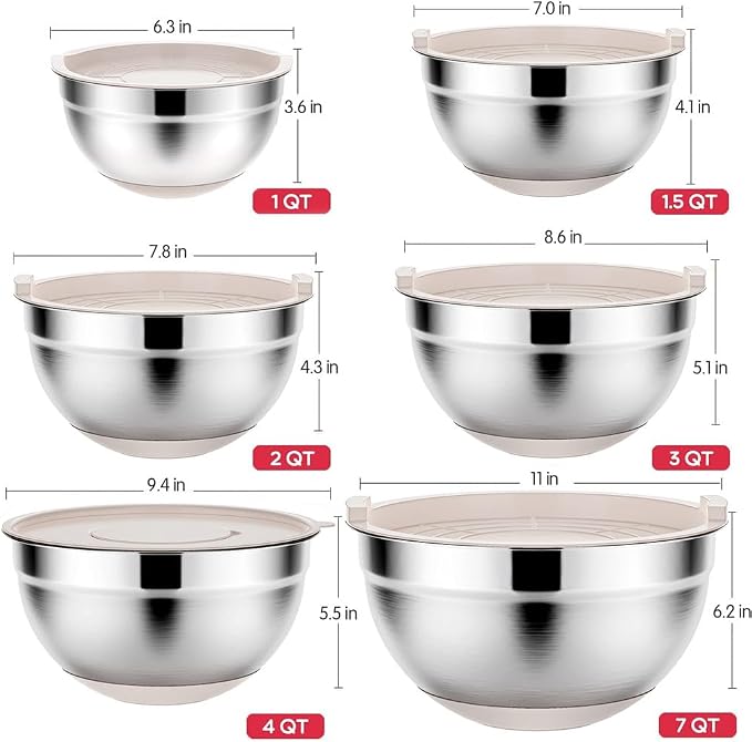 Rottay Mixing Bowls Set with Airtight Lids: 20PCS Stainless Steel Nesting Bowls - Size 7, 4, 3, 2, 1.5, 1QT Bowls with 3 Grater Attachments & Non-Slip Bottoms for Baking & Prepping