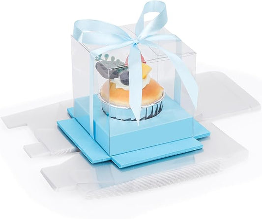 EUSOAR Plastic Cupcake Wrappers, 12pcs 3.5 Inch Clear Individual Tall Cupcake Box Containers for Cake, Single Transparent Cupcake Holder Carrier with Ribbons and Inserts for Wedding Party Favor-Blue