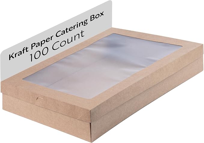 Restaurantware Cater Tek 22.2 x 10 x 3.2 Inch Catering Boxes 100 Insert Tab Lock Baked Goods Boxes - Window Lids Easy Assembly Kraft Paper Window Pastry Boxes For Charcuterie Or Cupcakes