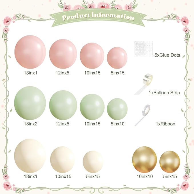 Pink and Green Gold Balloon Arch Kit, 124Pcs Pink and Sage Green Balloon Arch Garland Kit with Gold Sand White Balloons for Baby Shower Bridal Shower Wedding Gender Reveal Birthday Party Decorations