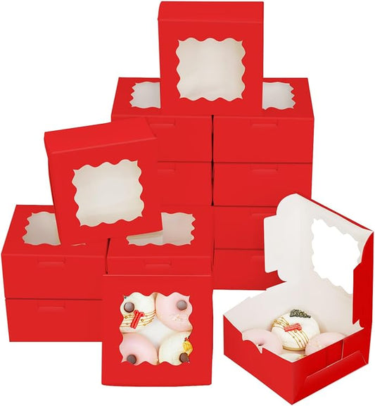 Bakepacker 60pcs Red Cookie Boxes 6x6x3 inches Easy Assemble Macaroon Pastry Boxes Bakery Boxes with Window for Bakery
