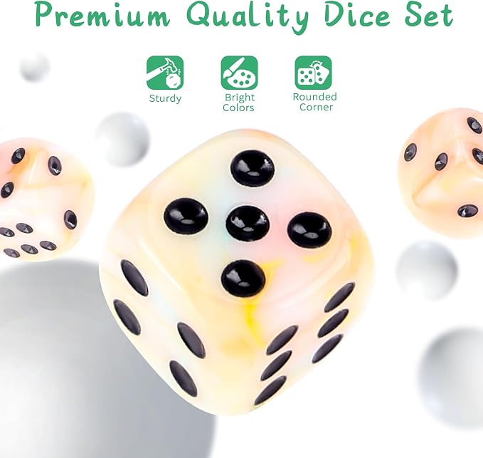 36 of Pack 12MM 6 Sided MINI Dice Set,Mixed Colours Swirls D6 Game Dice Set, 6 Sided Standard Dices for Yahtzee, Bunco,with Portable Plastic Box(Orange, Yellow, Blue, Green)