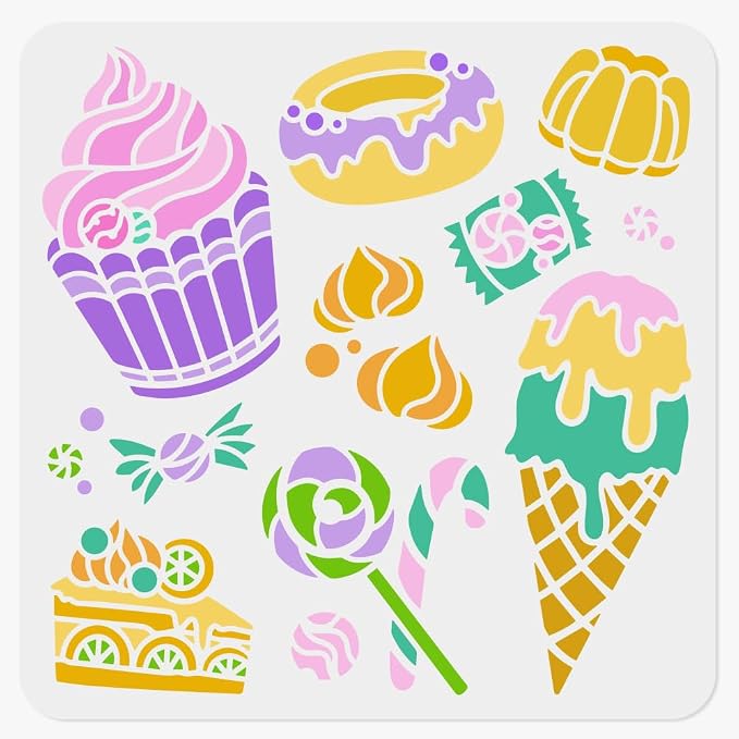 1 Piece Candy and Cake Craft Art Stencil, 11.8"x11.8" Dessert and Ice Cream Plastic Reusable Stencil for Wood Burning, Paint Template for Painting on Wall, Wood, Fabric Canvas, Furniture
