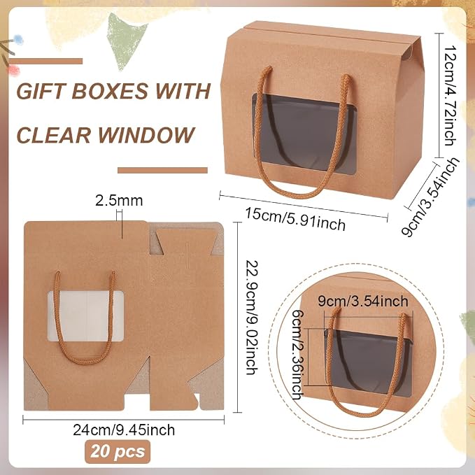 BENECREAT 20 Packs Kraft Paper Stand Up Gift Box Bags 5.9x3.5x4.7 Inch, BurlyWood Cupcakes Cookies Box with Clear Window and Handle for Packaging, Retail, Party, Gifts, Wedding, Business