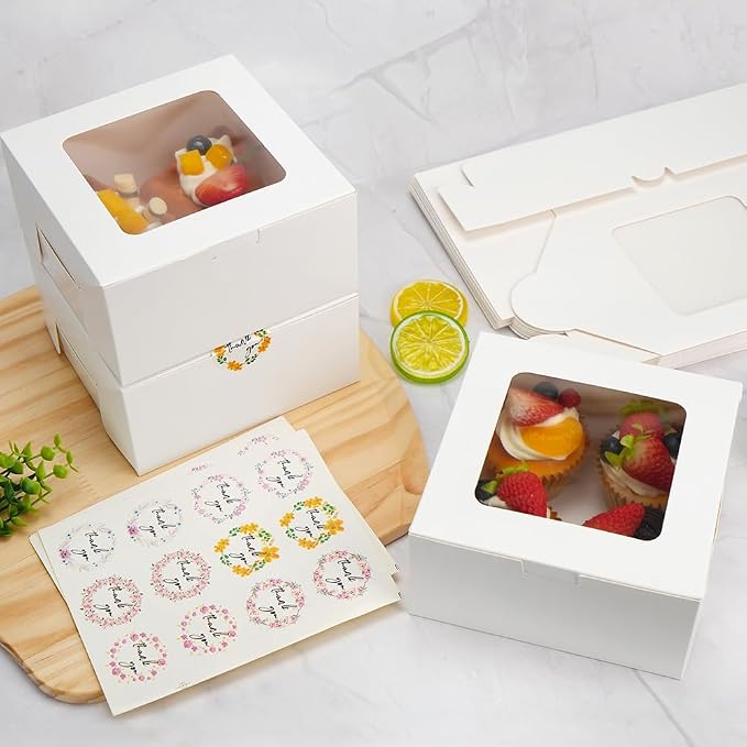 LotFancy 24pcs Bakery Boxes with Window, 6x6x3 Inches White Cookie Boxes | Durable, BPA Free, Pre-Folded, Suitable for Chocolate Strawberries, Macarons, Cookies, Cupcakes, Donuts, Muffins