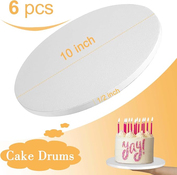 6 PCS Cake Drums 10 Inch, 10inch Drum, Cake Boards 10 Inch Round, 1/2" Thick Cardboard, Sturdy Circle, Base para Pastel Cardboard Base White Cake Boards for Wedding