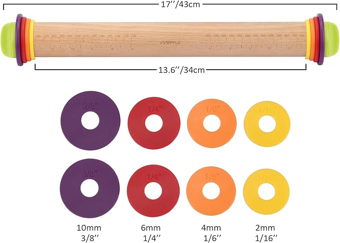 Adjustable Rolling Pin with 4 Thickness Rings, 13.6'' Wooden Dough Roller | Multicolor removable rings( 1/16''to 3/8'') for precise dough thickness, ideal for pizza, pies, pastries, cookies & making
