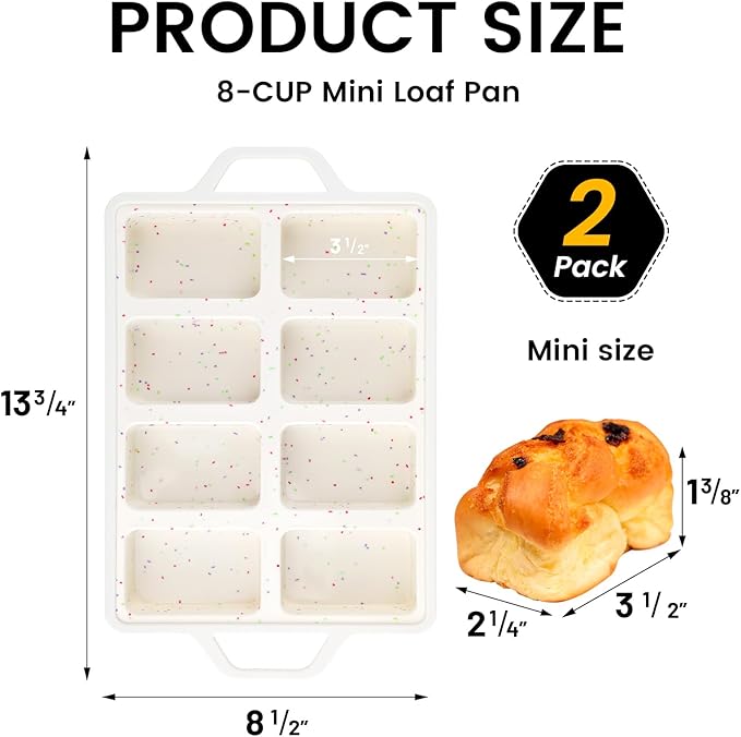 Vinino 2 Pack Mini Silicone Loaf Pans, 8-Cavity Metal Reinforced Frame Pans | Non-Stick Easy Release Heat Resistant Bakeware, Reusable Small Mini Banana Bread & Cake Baking Pans for Daily Baking