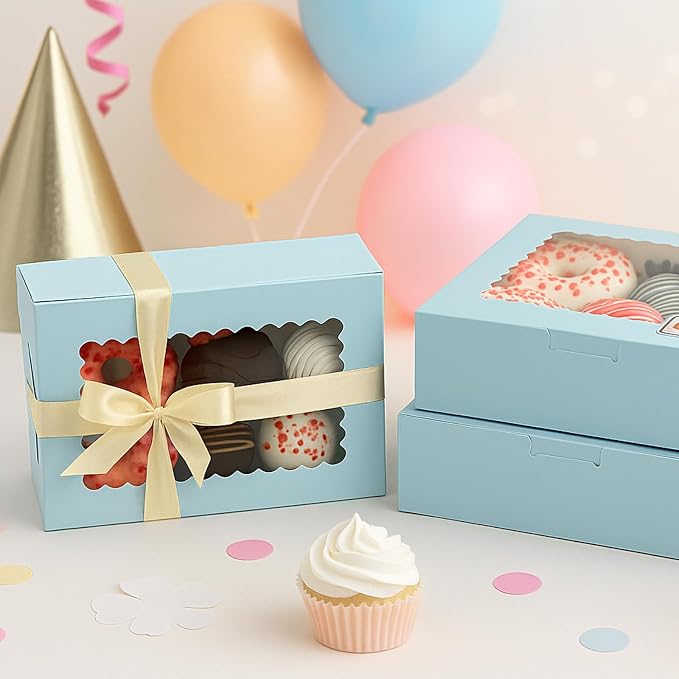 OAMCEG 60 Pack Cookie Boxes with Window, 8x6x2.5 Inch Bakery Treat Boxes for Christmas Holiday Gift Giving, Desserts, Donuts, Pastries-Blue