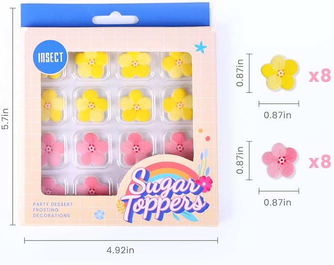 16 Pcs Edible Flowers Cake Decorations, Pink Yellow Edible Sugar Flowers, Edible Flower for Baking, Spring Theme Parties, Birthday, Wedding, and Baby Showers(0.87 Inch)