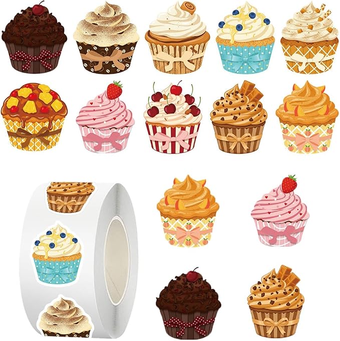 Cupcake Stickers,500Pcs Cute Dessert Party Decorations Stickers Colorful Cupcake Decals for Kids Scrapbooking Party Favors Water Bottles Envelopes Reward Labels