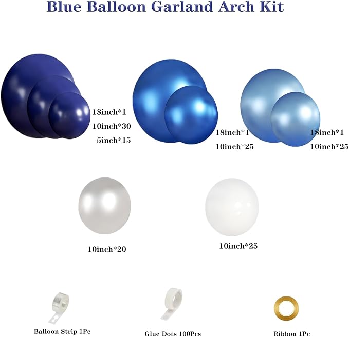 Blue White Silver Balloon Garland Arch Kit, 143 Pieces Navy Light Metallic Blue Silver White Balloons for Wedding Bridal Shower Graduation Birthday Party Decorations