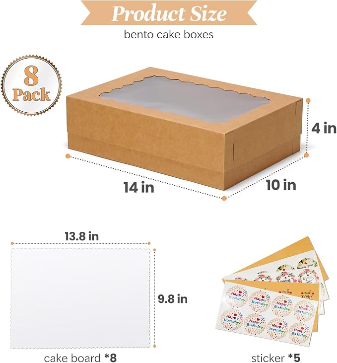 COTOPHER 14x10x4 In Sheet Cake Boxes, 16 Pcs Brown Bakery Boxes with Large Window (8 Boxes & 8 Boards), Cake Containers for Quarter Cakes, Donuts, Cupcakes, Brownie, Pastry & Pies Packaging