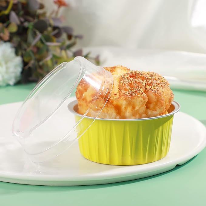 EUSOAR Disposable Ramekins with Lids, 50pcs 5oz Aluminum Foil Baking Cups Foil Creme Brulee Pans Muffin Liners, Oven Safe Dessert Containers Cupcake Holders Pans Yellow