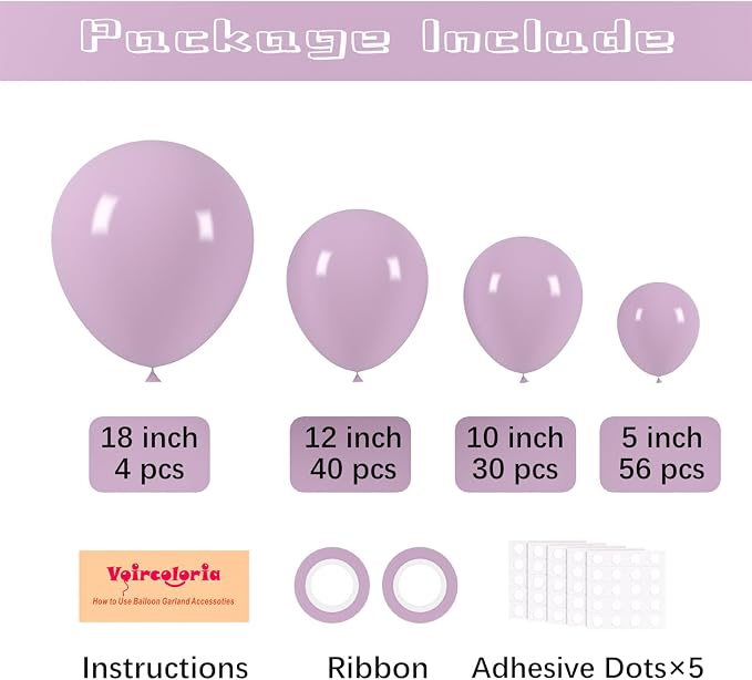 Voircoloria 130pcs Lilac Purple Balloons Different Sizes 18" 12" 10" 5" Faded Purple Latex Balloon Garland Arch Kit for Birthday Baby Shower Graduation Wedding Gender Reveal Party Decorations