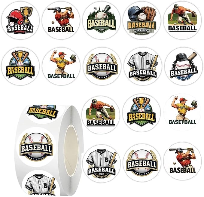 Baseball Stickers Roll, 500pcs 1inch Round Sports Stickers Waterproof Vinyl Baseball Decals for Party Favors Envelope Seals Water Bottles Scrapbooking Classroom Rewards