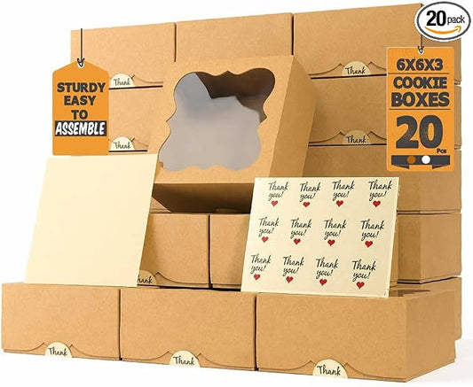 20 Pack Cookie Boxes for Gift Giving – 6X6X3 Inches Bakery Boxes with Window - Extra Thick Small Cookie Containers for Treats, Desserts, Strawberries, Cupcakes, Candy, Charcuterie, Baked Goods, Pastry