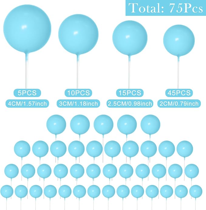 75 Pieces Light Blue Cake Balls Topper Decorations Foam Cupcake Topper Mini Balloon Cake Topper Picks for Deco Birthday Party Wedding