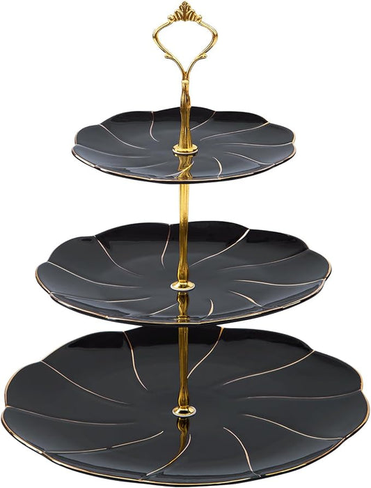 DUJUST Luxury Larger 3-Tier Cupcake Stand Tower, British Style Porcelain Serving Tray with Golden Trim, Food Grade Dessert Display Stand for Tea Party & Home Décor - 45% Black Larger Plates