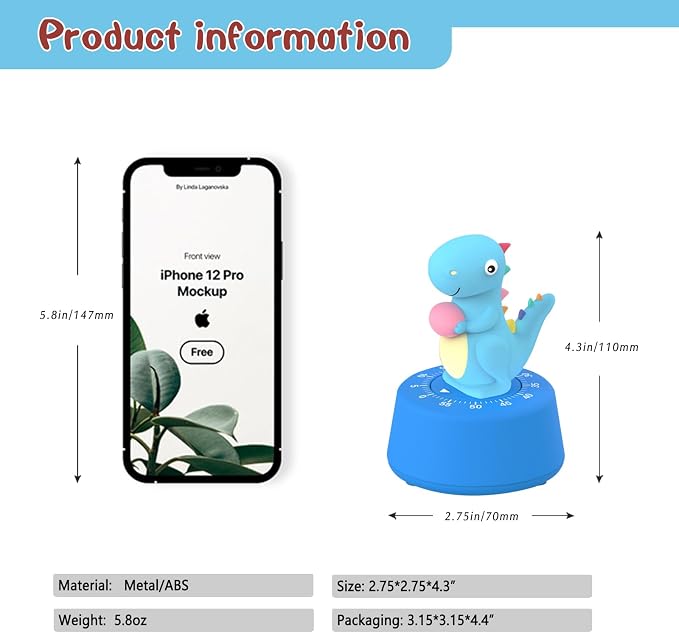 ELE DEPI 60 Minutes Mechanical Kitchen Timer,Cute Dinosaur Timer for Kids,Wind Up Egg Timer for Cooking,Reading,Classroom and Do Sports. (Sky Blue)