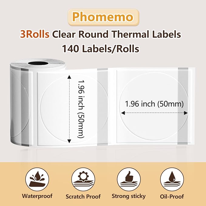 Phomemo Thermal Labels - 3 Pack Clear Circle Labels, Transparent M110/M220/M221/M120/M200, 1.96"x1.96" (50x50mm) Round Stickers